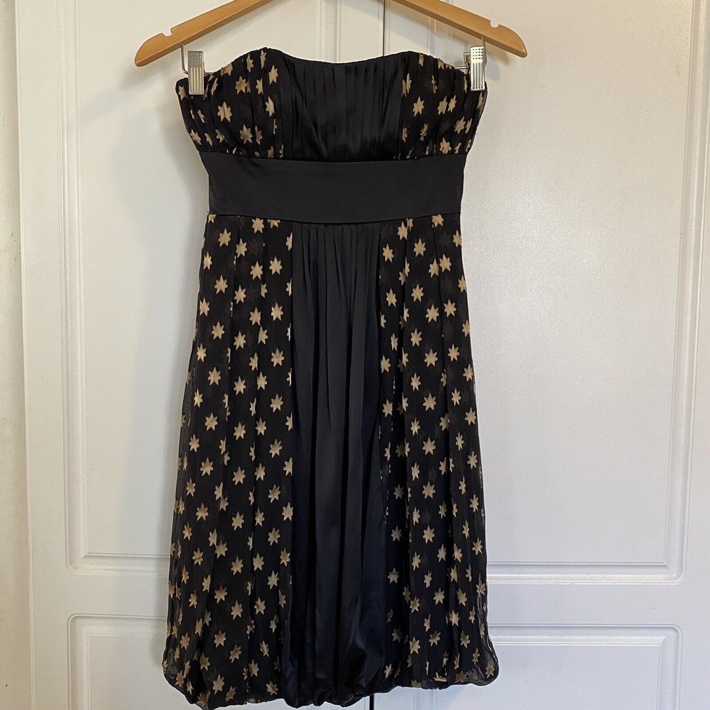 Diane Von Furstenberg (DVF) Mini Dress Silk Black Gold Stars, Strapless, Size 0